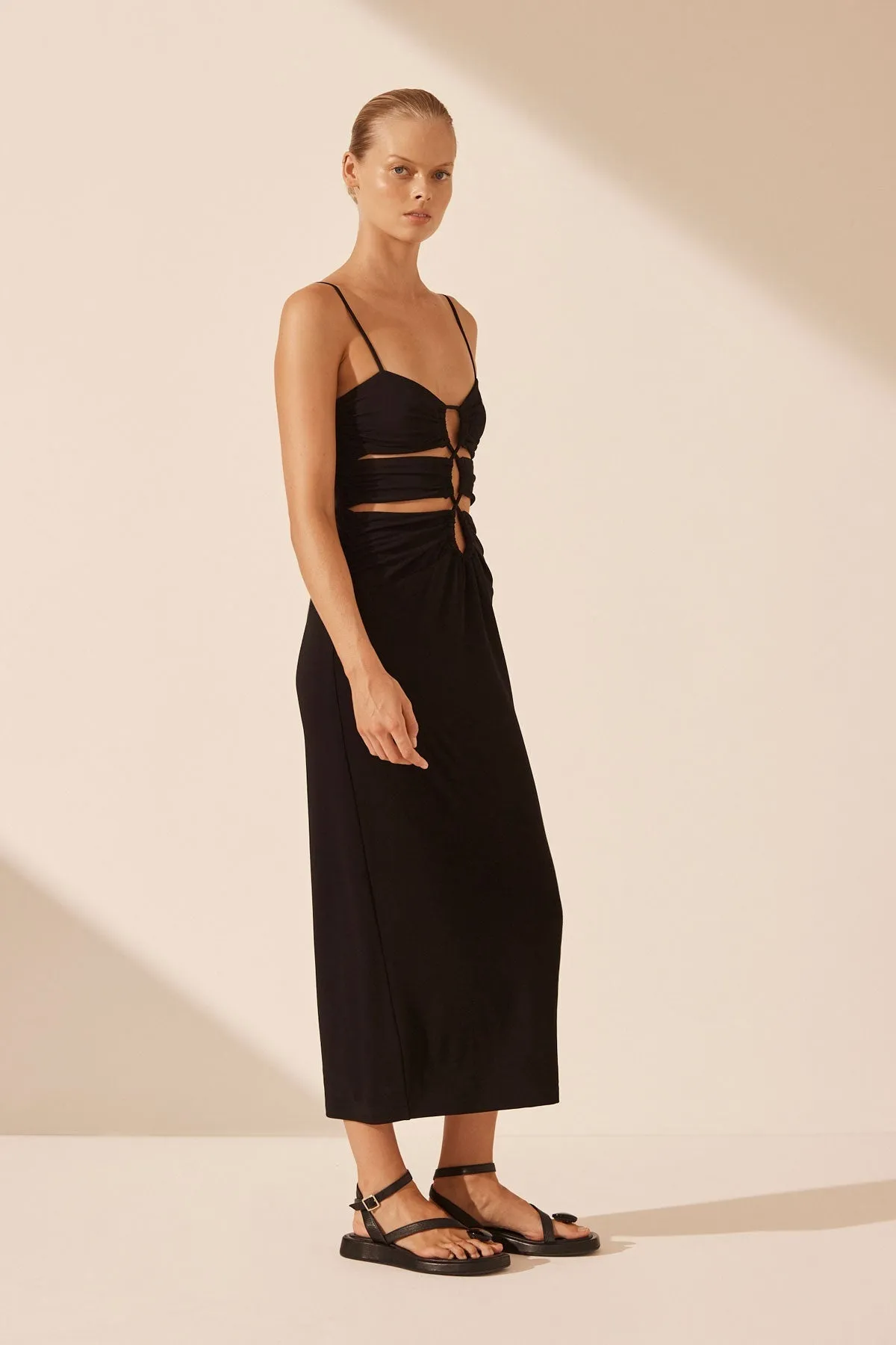 YVETTE LACE UP RUCHED MIDI DRESS