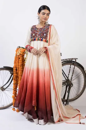 Zaheen - Red Ombre Chanderi Anarkali & Dupatta Set