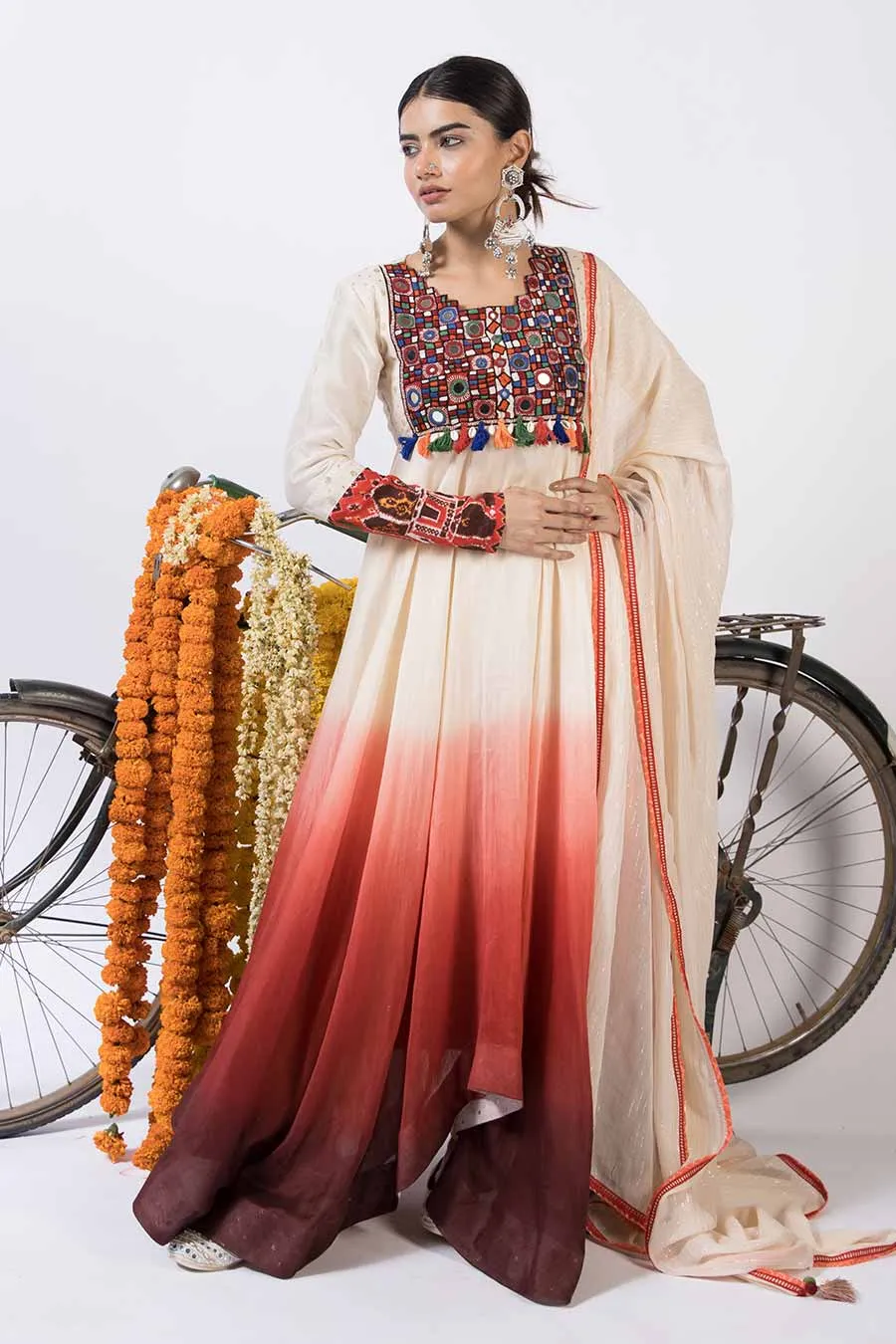 Zaheen - Red Ombre Chanderi Anarkali & Dupatta Set